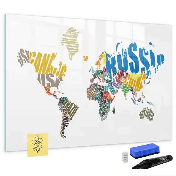 Pizarra de cristal magnética diseño de mapa del mundo con texto