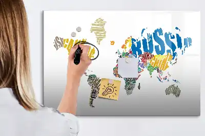Pizarra de cristal magnética diseño de mapa del mundo con texto