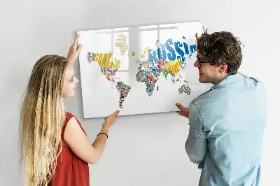 Pizarra de cristal magnética diseño de mapa del mundo con texto