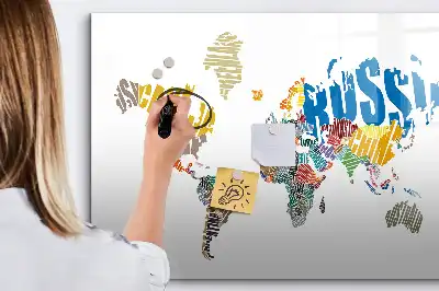 Pizarra de cristal magnética diseño de mapa del mundo con texto