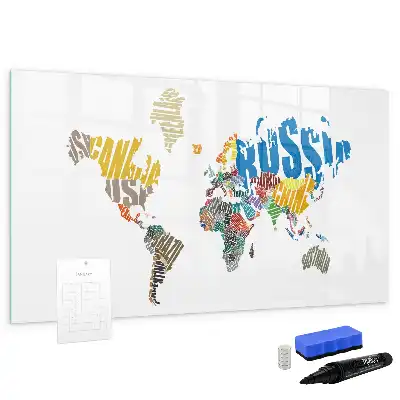 Pizarra de cristal magnética diseño de mapa del mundo con texto