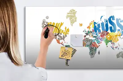 Pizarra de cristal magnética diseño de mapa del mundo con texto
