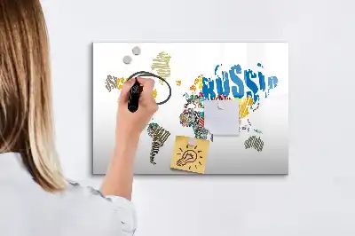 Pizarra de cristal magnética diseño de mapa del mundo con texto