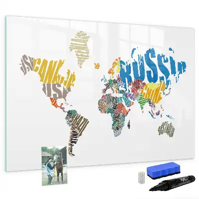 Pizarra de cristal magnética diseño de mapa del mundo con texto