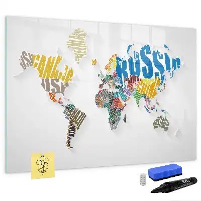 Mapa del mundo de texto pizarra magnética de pared con rotulador