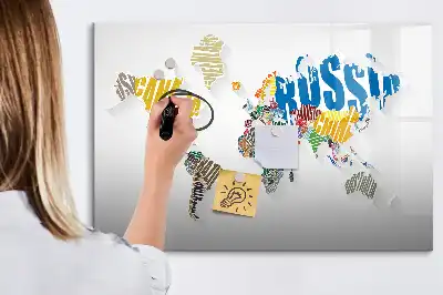 Mapa del mundo de texto pizarra magnética de pared con rotulador