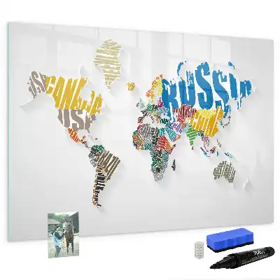 Mapa del mundo de texto pizarra magnética de pared con rotulador