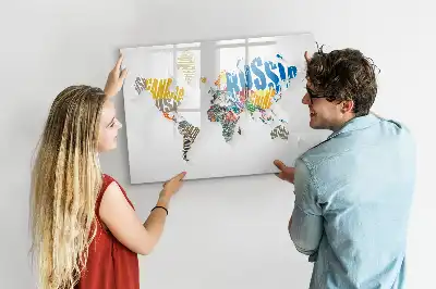Mapa del mundo de texto pizarra magnética de pared con rotulador