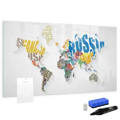 Mapa del mundo de texto pizarra magnética de pared con rotulador