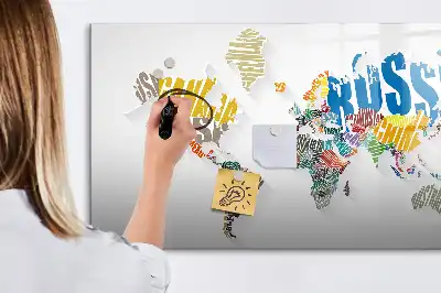Mapa del mundo de texto pizarra magnética de pared con rotulador