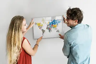 Mapa del mundo de texto pizarra magnética de pared con rotulador