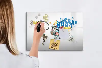 Mapa del mundo de texto pizarra magnética de pared con rotulador