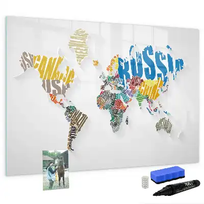 Mapa del mundo de texto pizarra magnética de pared con rotulador