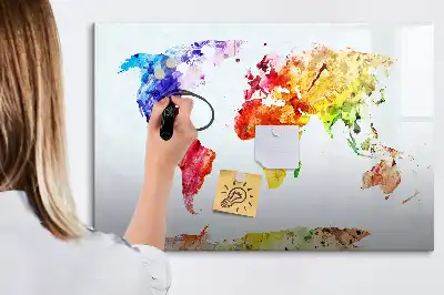 Pizarra borrable de cristal con imanes diseño de mapa del mundo en acuarela