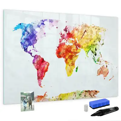 Pizarra borrable de cristal con imanes diseño de mapa del mundo en acuarela