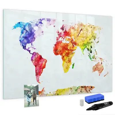 Pizarra borrable de cristal con imanes diseño de mapa del mundo en acuarela