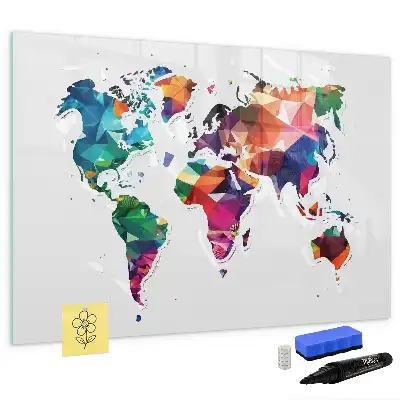 Mapa del mundo de triángulos pizarra magnética de pared con rotulador