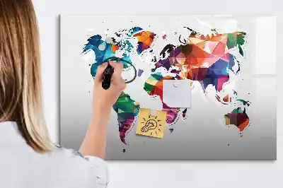 Mapa del mundo de triángulos pizarra magnética de pared con rotulador