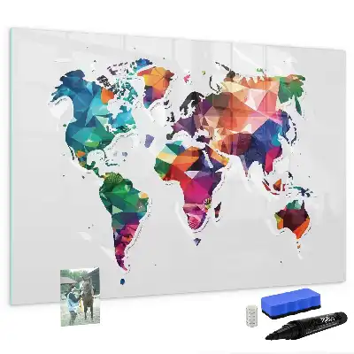 Mapa del mundo de triángulos pizarra magnética de pared con rotulador