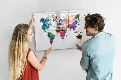 Mapa del mundo de triángulos pizarra magnética de pared con rotulador