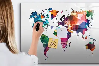 Mapa del mundo de triángulos pizarra magnética de pared con rotulador