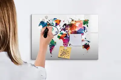 Mapa del mundo de triángulos pizarra magnética de pared con rotulador