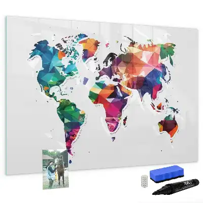 Mapa del mundo de triángulos pizarra magnética de pared con rotulador