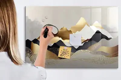 Pizarra magnética de pared con diseño de abstracción de montañas y rotulador incluido