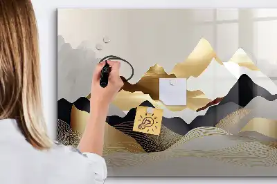 Pizarra magnética de pared con diseño de abstracción de montañas y rotulador incluido