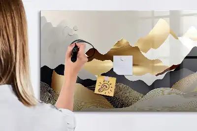Pizarra magnética de pared con diseño de abstracción de montañas y rotulador incluido
