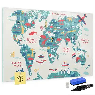 Pizarra de cristal con diseño de mapa del mundo ilustrado con superficie borrable e imanes