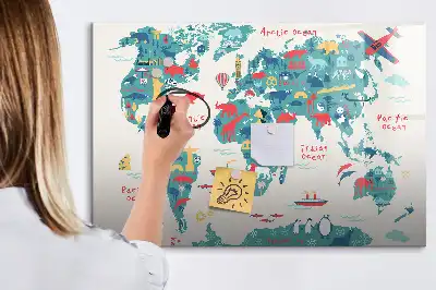 Pizarra de cristal con diseño de mapa del mundo ilustrado con superficie borrable e imanes