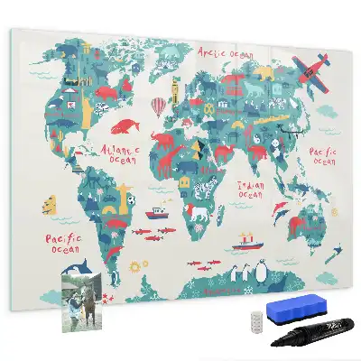 Pizarra de cristal con diseño de mapa del mundo ilustrado con superficie borrable e imanes