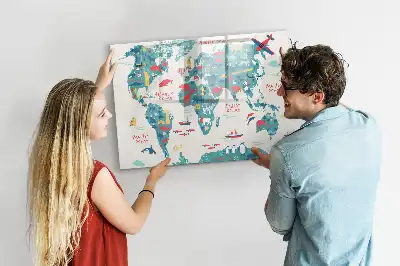 Pizarra de cristal con diseño de mapa del mundo ilustrado con superficie borrable e imanes