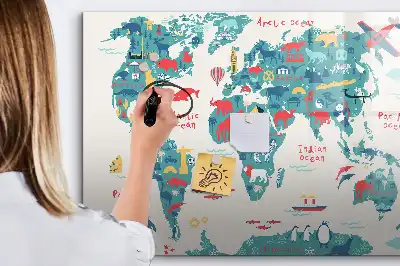 Pizarra de cristal con diseño de mapa del mundo ilustrado con superficie borrable e imanes