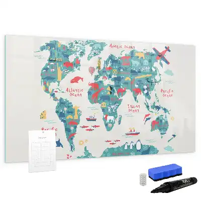 Pizarra de cristal con diseño de mapa del mundo ilustrado con superficie borrable e imanes