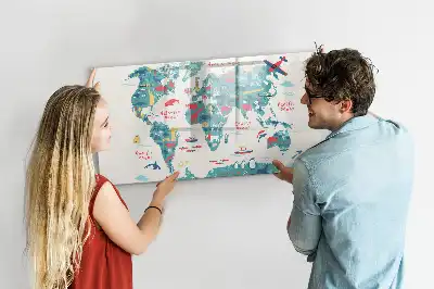 Pizarra de cristal con diseño de mapa del mundo ilustrado con superficie borrable e imanes