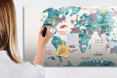 Pizarra de cristal con diseño de mapa del mundo ilustrado con superficie borrable e imanes