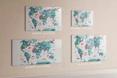 Pizarra de cristal con diseño de mapa del mundo ilustrado con superficie borrable e imanes