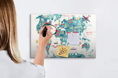 Pizarra de cristal con diseño de mapa del mundo ilustrado con superficie borrable e imanes
