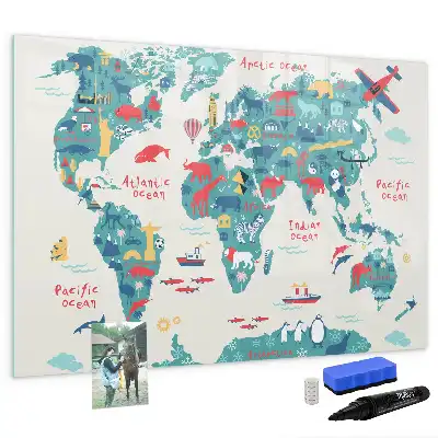 Pizarra de cristal con diseño de mapa del mundo ilustrado con superficie borrable e imanes