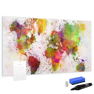 Pizarra borrable de cristal con imanes mapa del mundo en acuarela