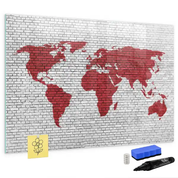 Pizarra de cristal magnética borrable con diseño de mapamundi sobre pared de ladrillo