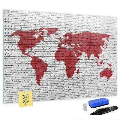 Pizarra de cristal magnética borrable con diseño de mapamundi sobre pared de ladrillo