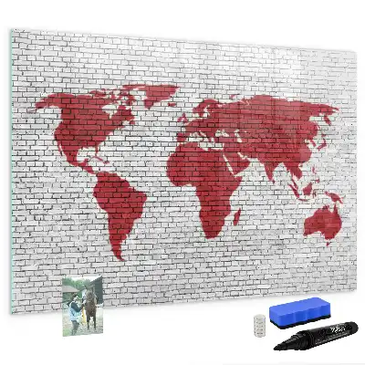 Pizarra de cristal magnética borrable con diseño de mapamundi sobre pared de ladrillo