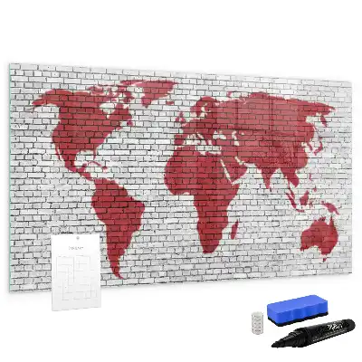 Pizarra de cristal magnética borrable con diseño de mapamundi sobre pared de ladrillo