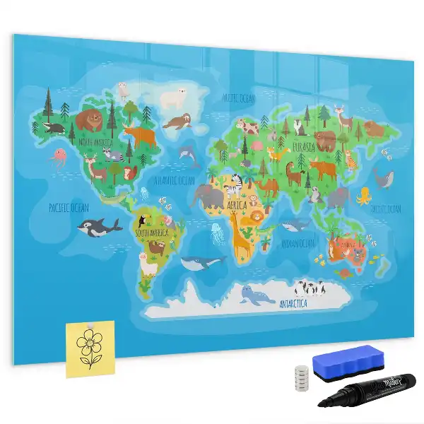 Pizarra magnética de pared con diseño de mapa de dibujos animados y rotulador