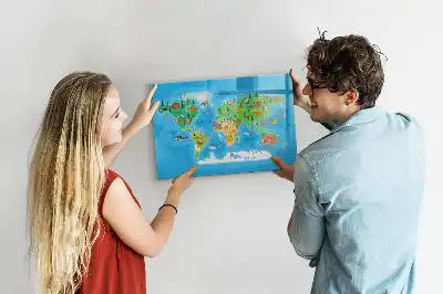 Pizarra magnética de pared con diseño de mapa de dibujos animados y rotulador