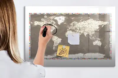 Pizarra magnética de pared diseño de mapa del mundo en color marrón con rotulador incluido