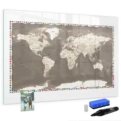Pizarra magnética de pared diseño de mapa del mundo en color marrón con rotulador incluido